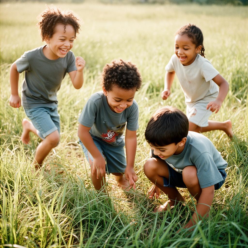 A small group of barefoot kids laughing and playing together in tall sunlit grass
